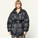 Belted Balloon Sleeve High Neck Side Pocket Quilted Coat - Black